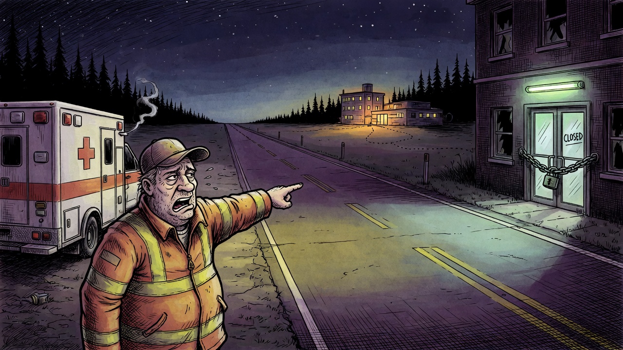 Editorial cartoon of a rural ambulance passing a dark locked emergency room on a northern highway