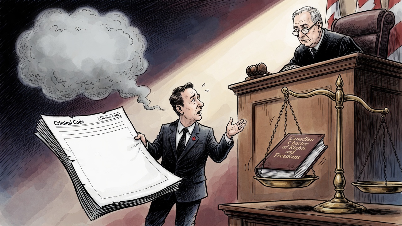 Editorial cartoon of an Attorney General in court with a blank criminal-law page and a scale weighing speech rights