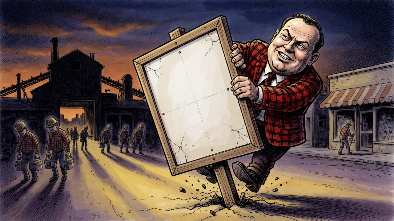 Editorial cartoon of a politician holding a giant blank border sign while workers leave a darkened mill and a small shop shutters behind him