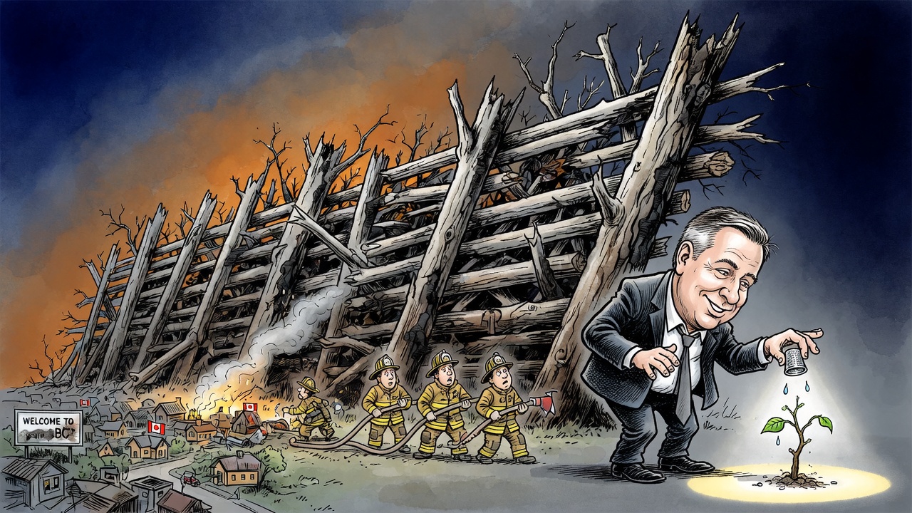 Editorial cartoon of a politician tending a tiny wildfire-prevention effort while a huge dry forest looms over a B.C. town