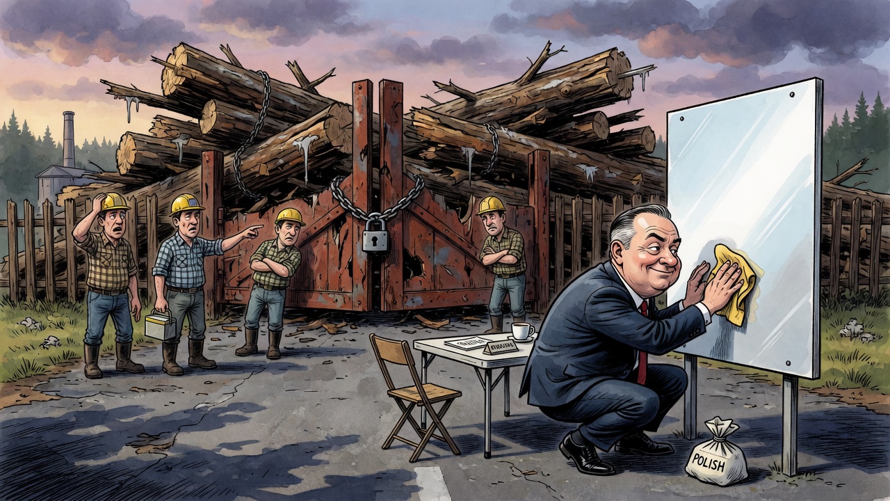 Editorial cartoon of a politician polishing a blank sign while a jammed log boom blocks a mill gate and worried forestry workers wait beside an unused crisis table