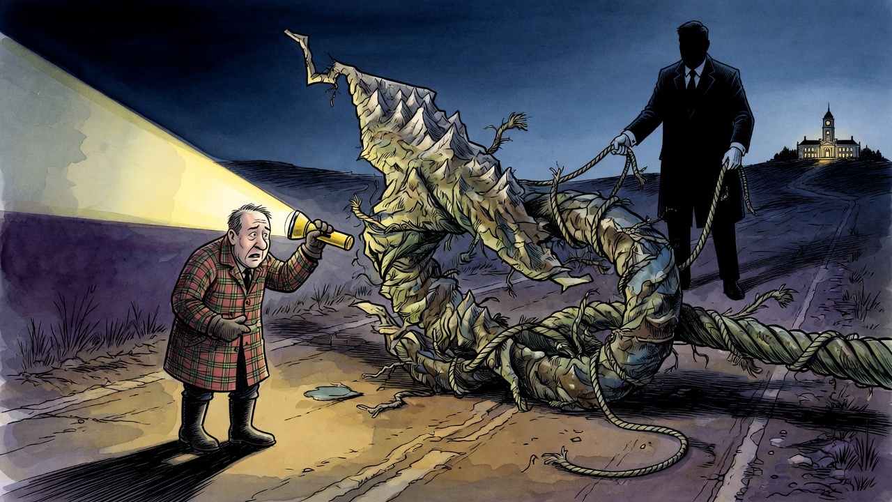 Editorial cartoon of a municipal mayor confronting a tangled knot blocking the road to city hall