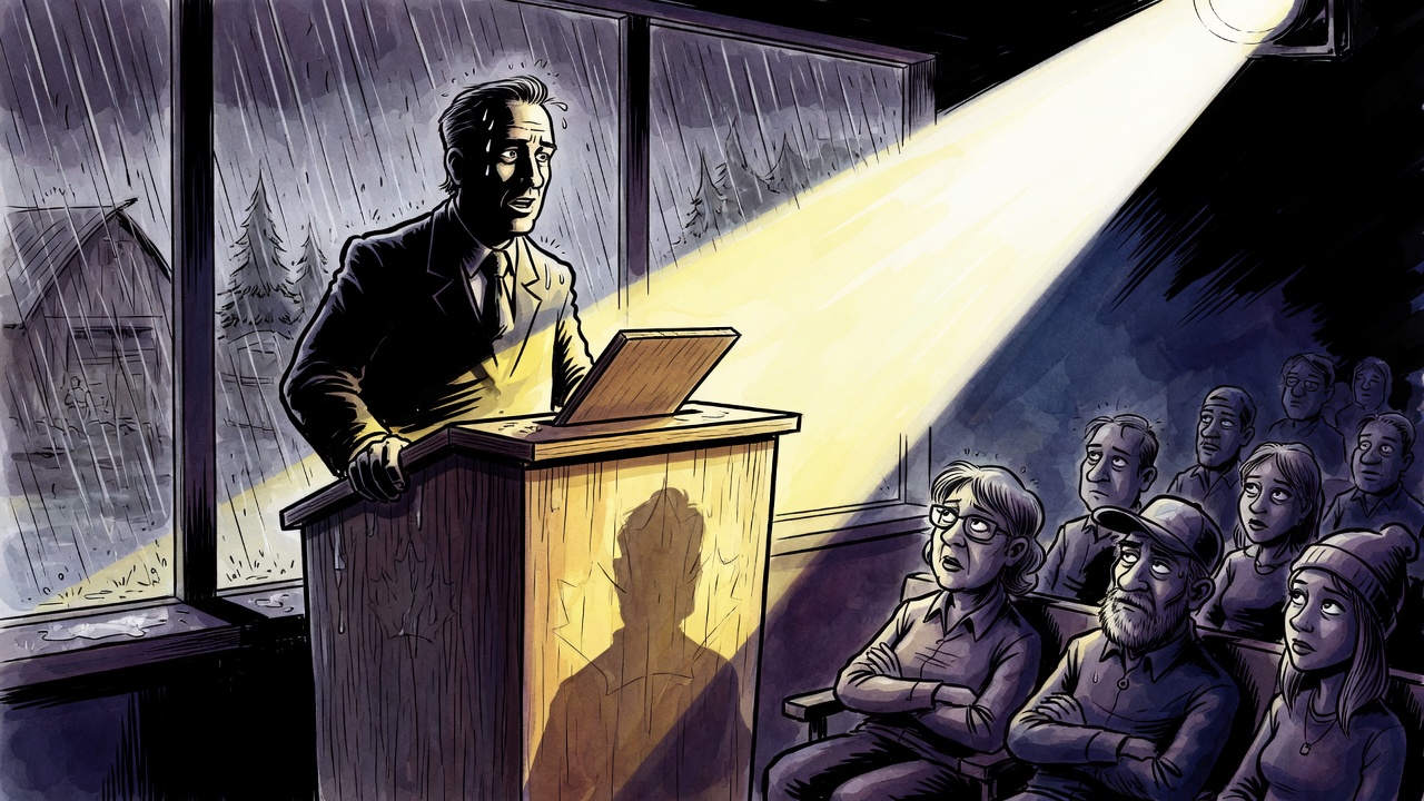 Editorial cartoon of a ballot box under a harsh courtroom spotlight while voters sit like jurors