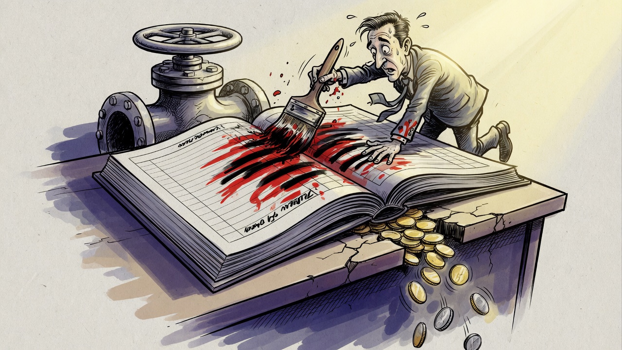 Editorial cartoon of a politician redacting a gas royalty ledger while money slips away through a cracked desk