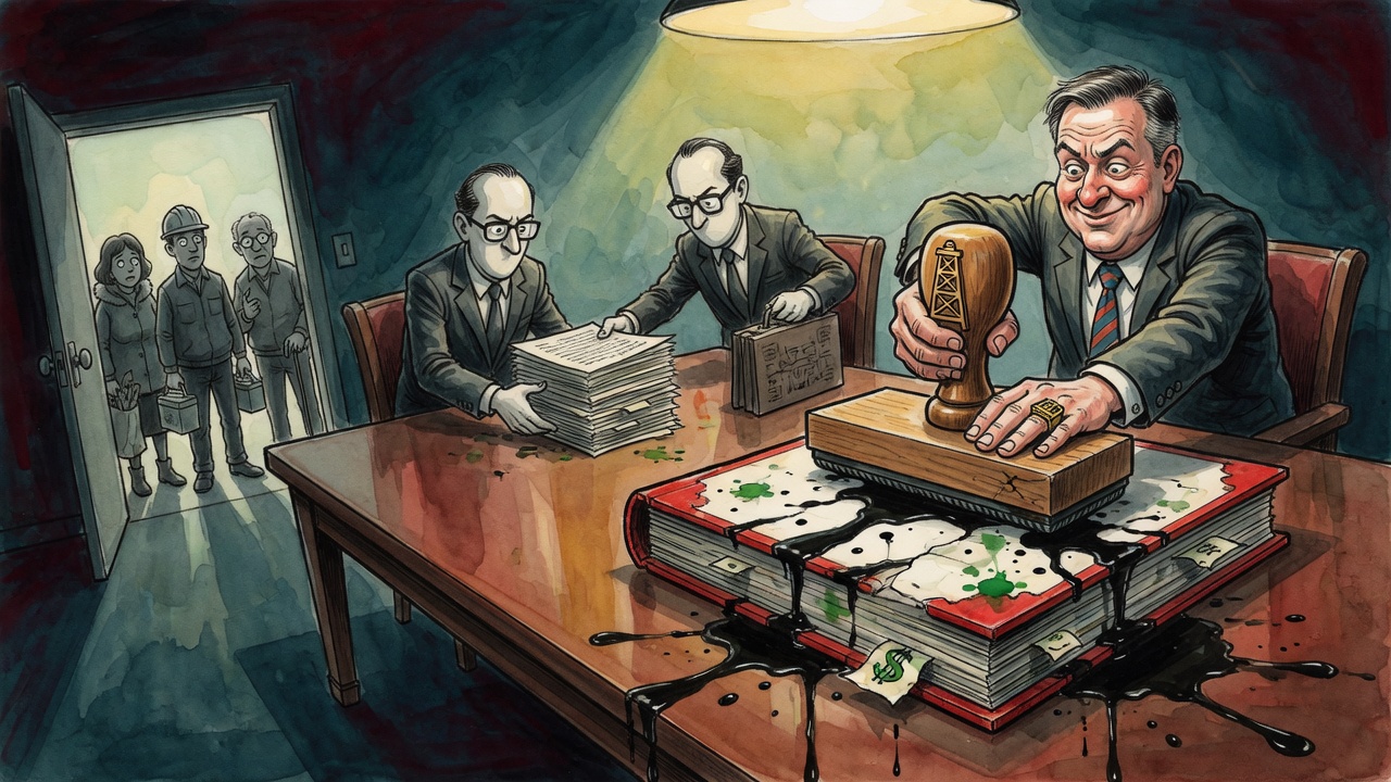 Editorial cartoon of a premier at a cabinet table preparing to stamp a cracked gas royalty ledger while lobbyist figures push papers forward and taxpayers watch from the doorway