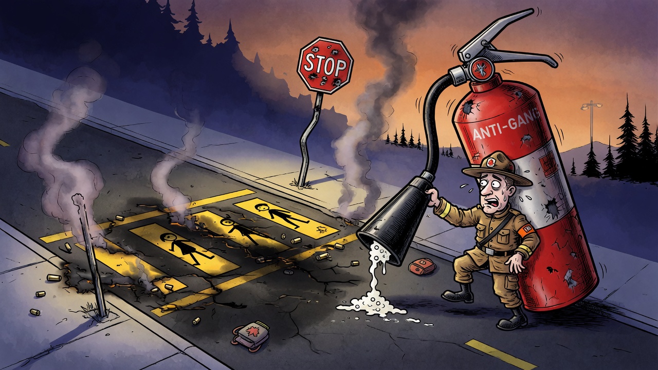 Editorial cartoon of smoke and shell casings near a northern B.C. school crossing as an anti-gang extinguisher arrives late