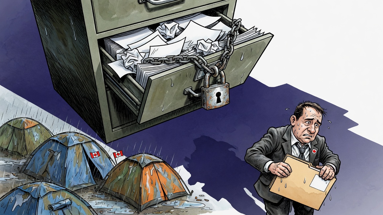 Editorial cartoon of a locked government filing cabinet overflowing with blank papers while tents sit outside in the rain