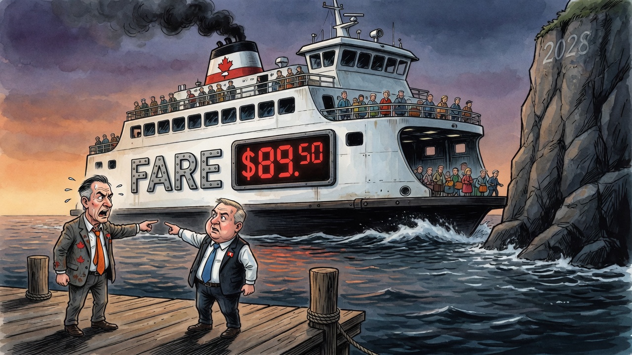 Editorial cartoon of a coastal ferry shaped like a fare meter heading toward a 2028 cliff while politicians point from shore