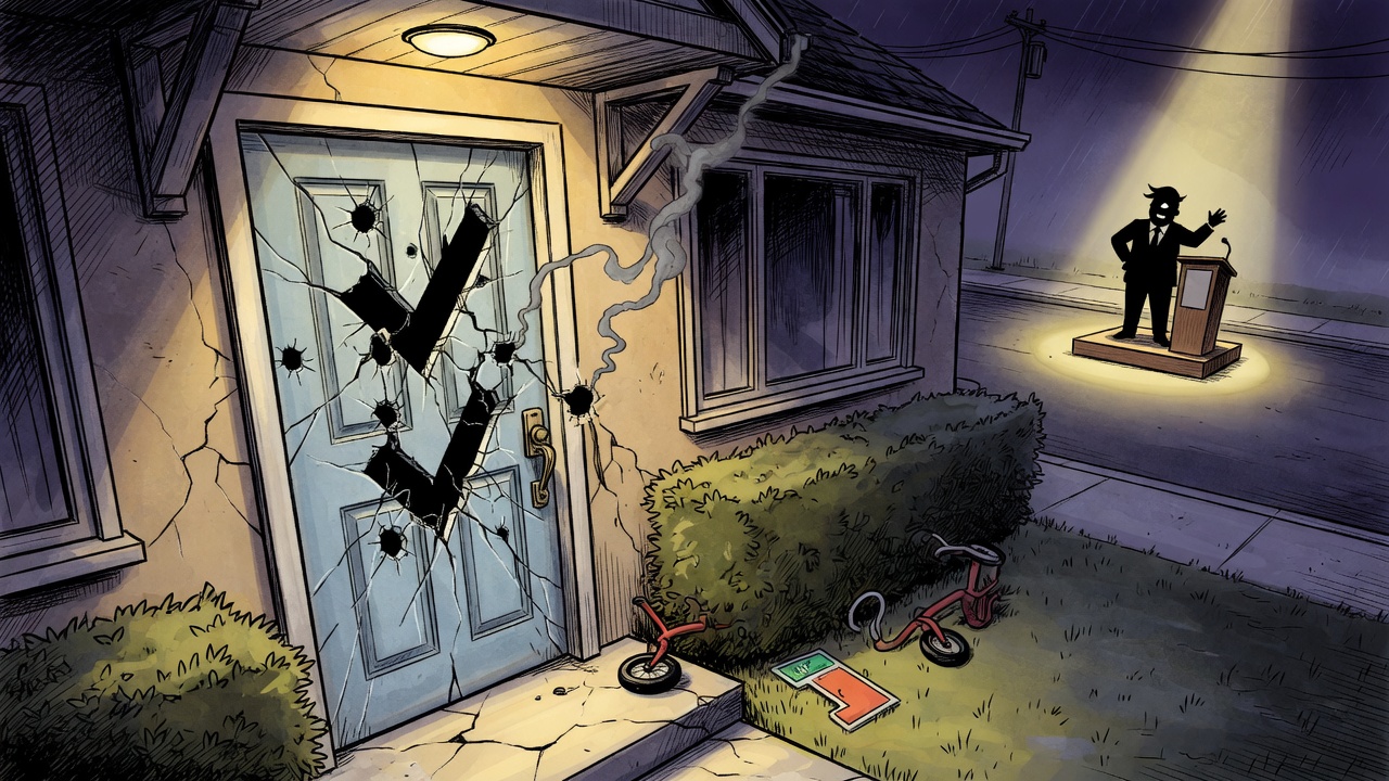 Editorial cartoon of a Surrey home door cracked by bullet holes under a shadowy podium, symbolizing public-safety promises meeting neighbourhood violence