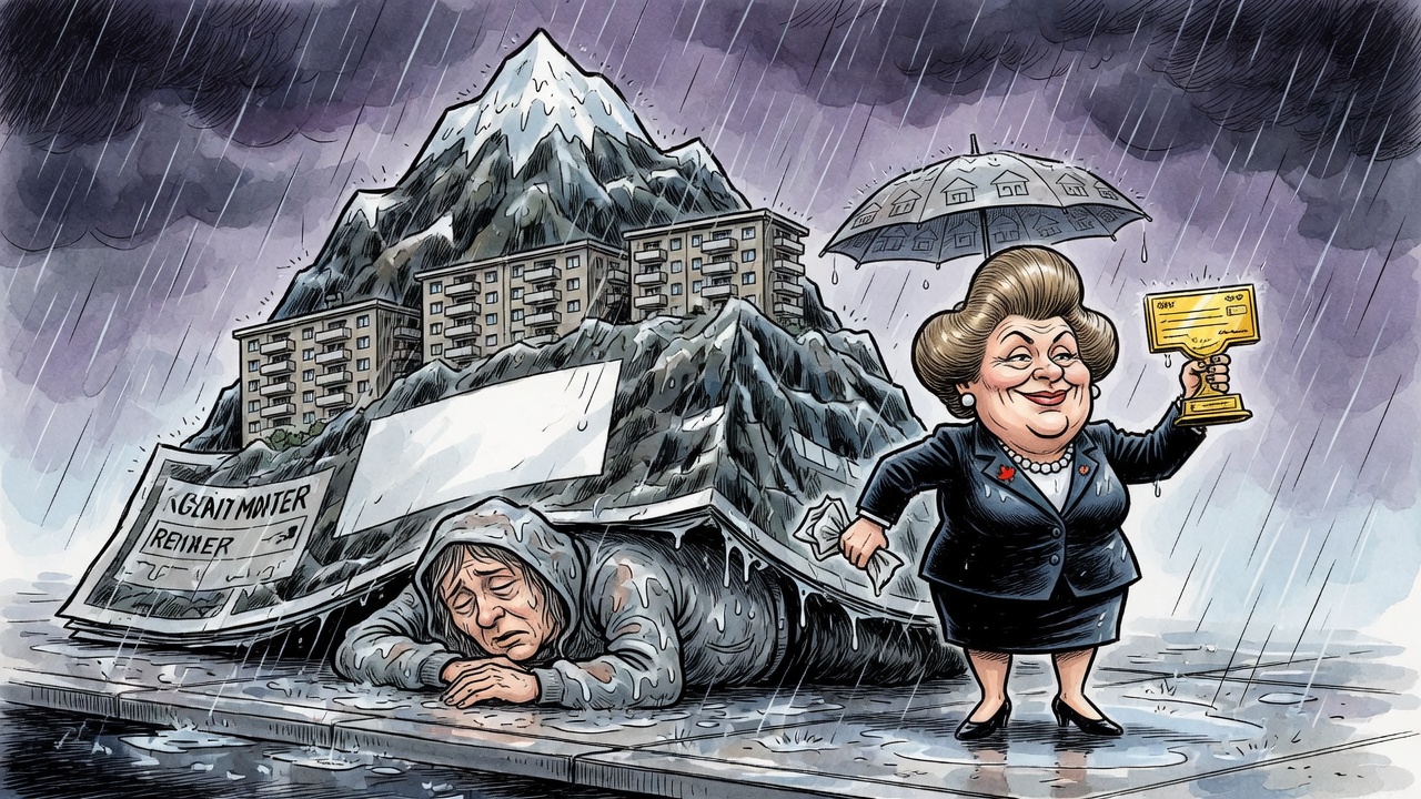 Editorial cartoon showing a housing minister celebrating a tiny trophy while a renter is pinned under a mountain-like rent bill in rainy Metro Vancouver