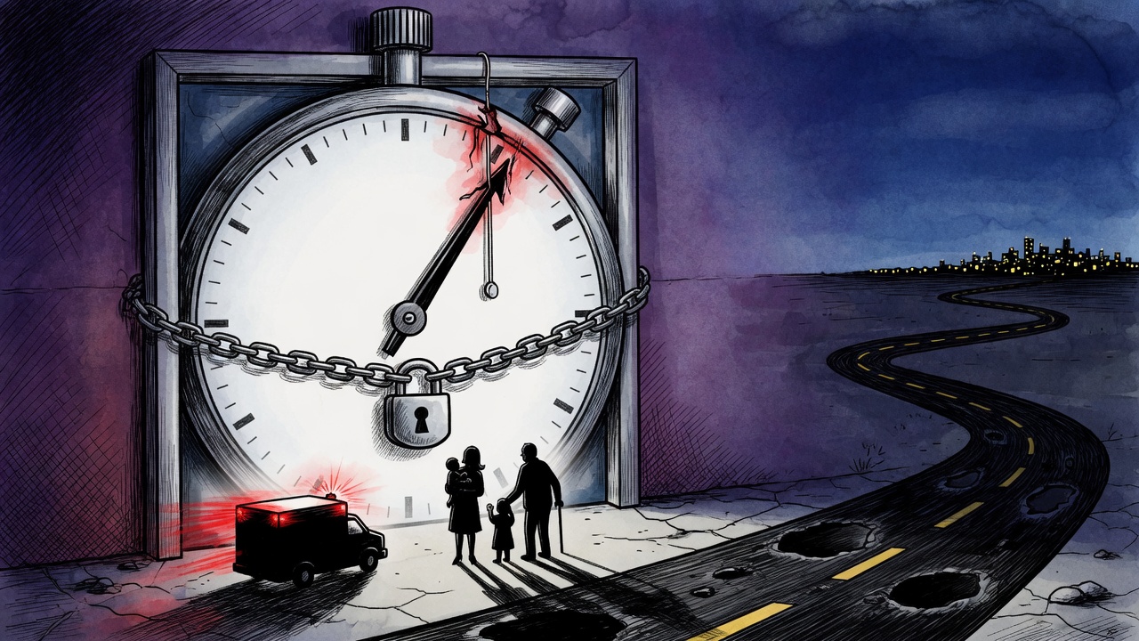 Editorial cartoon of a locked rural hospital door becoming a giant stopwatch while an ambulance faces a long dark highway