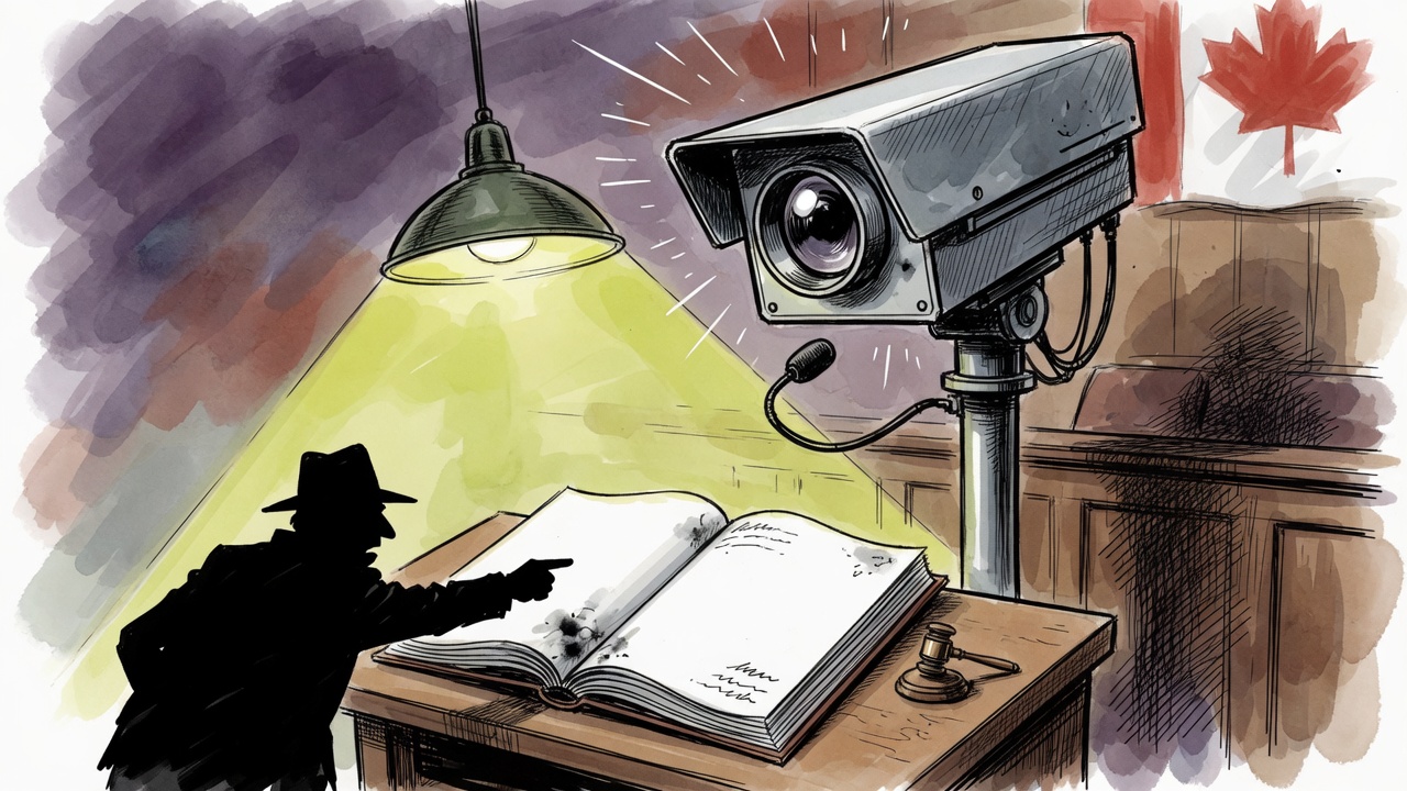 Editorial cartoon of a giant intersection camera in a courtroom-like scene beside a blank open ledger