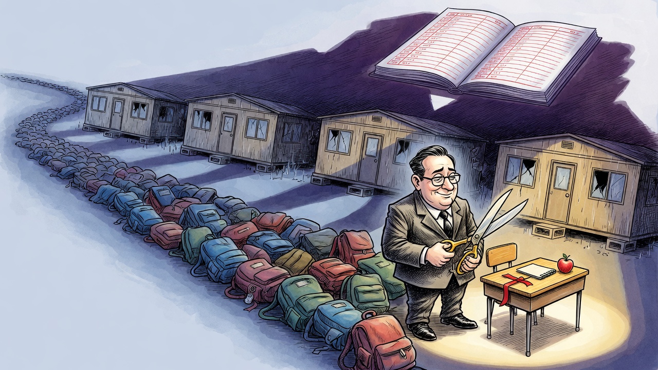 Editorial cartoon of a premier cutting a ribbon on one classroom while students stream toward crowded portable classrooms