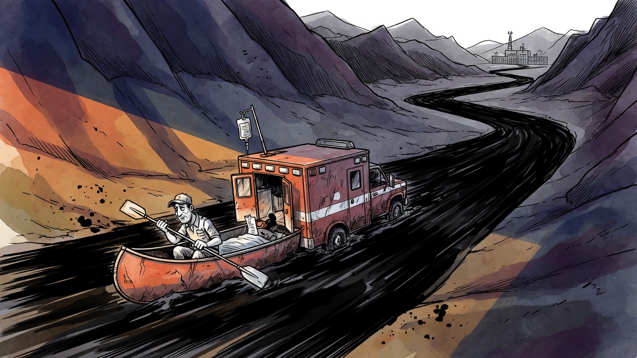 Editorial cartoon of a rural ambulance forced down a dark mountain river toward a distant city hospital