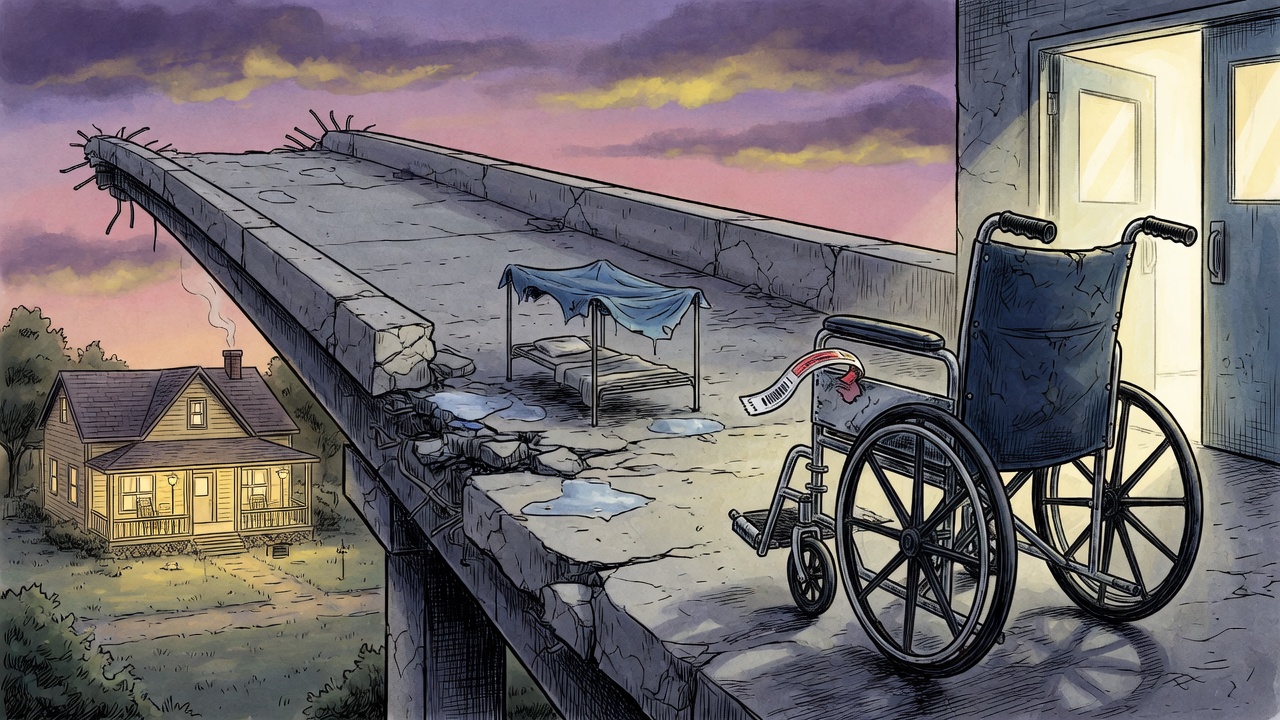 Editorial cartoon of an empty wheelchair leaving hospital doors toward a shelter cot while a safe seniors home sits beyond a broken bridge