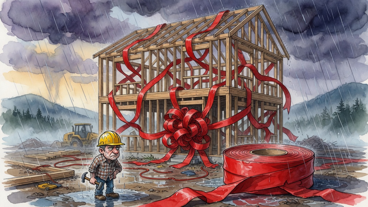 Editorial cartoon of a B.C. house frame tangled in giant red tape while a small builder stands blocked at the jobsite