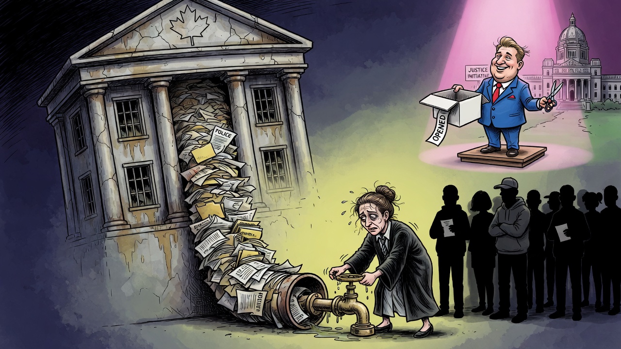 Editorial cartoon of a courthouse pipeline clogged with case files while an overworked Crown counsel figure tries to open a tiny valve