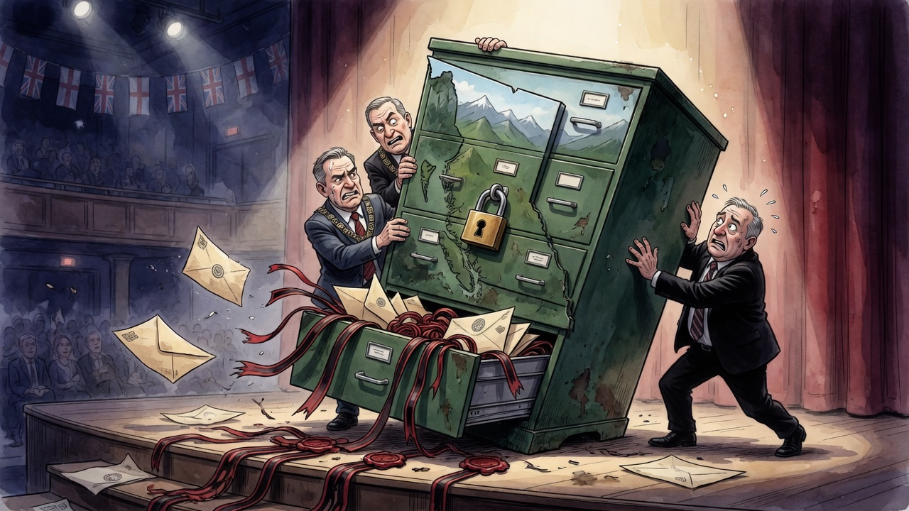Editorial cartoon of municipal leaders bringing a locked cabinet onto a public convention stage