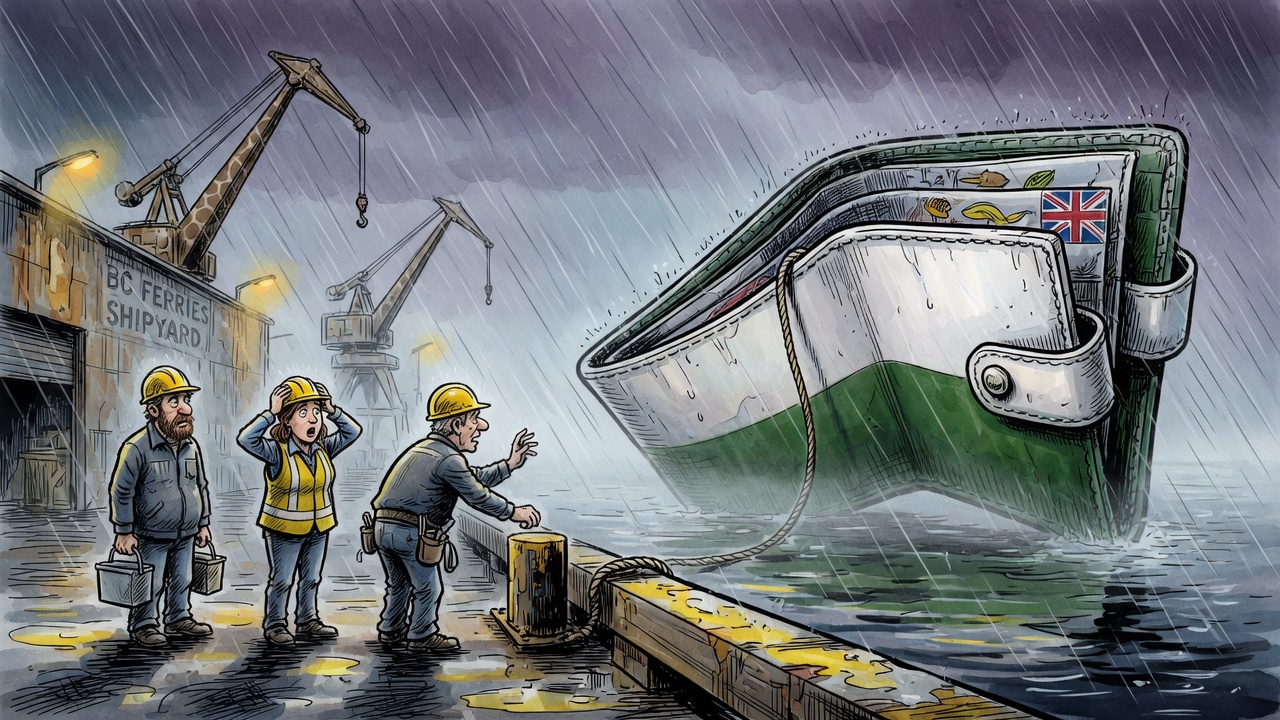 Editorial cartoon of a giant wallet-shaped ferry drifting away from a rainy B.C. shipyard while workers and idle cranes remain on the dock