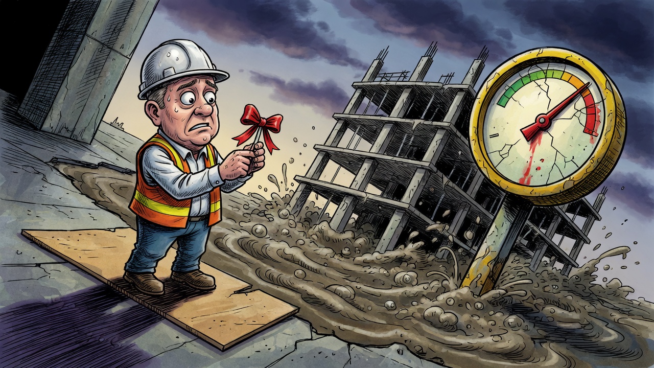 Editorial cartoon of a B.C. premier as a construction foreman beside an unfinished apartment frame sinking into concrete