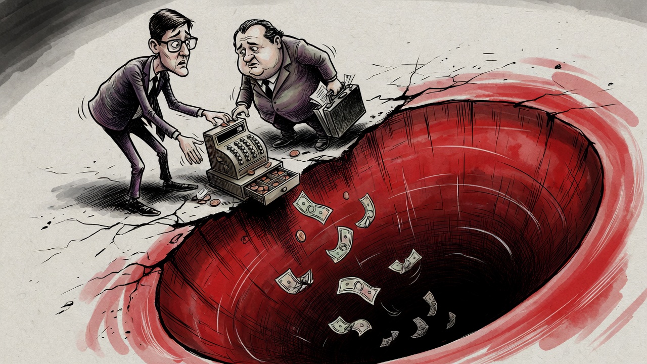 Editorial cartoon of B.C. leaders beside a small cash register as bills slide into a giant red ink sinkhole