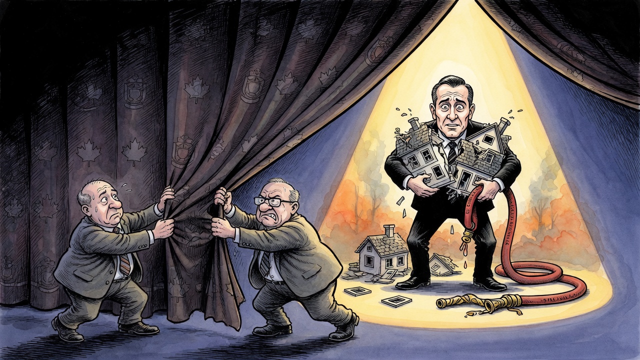 Editorial cartoon of local officials pulling back a curtain to reveal hidden housing and wildfire-prevention failures