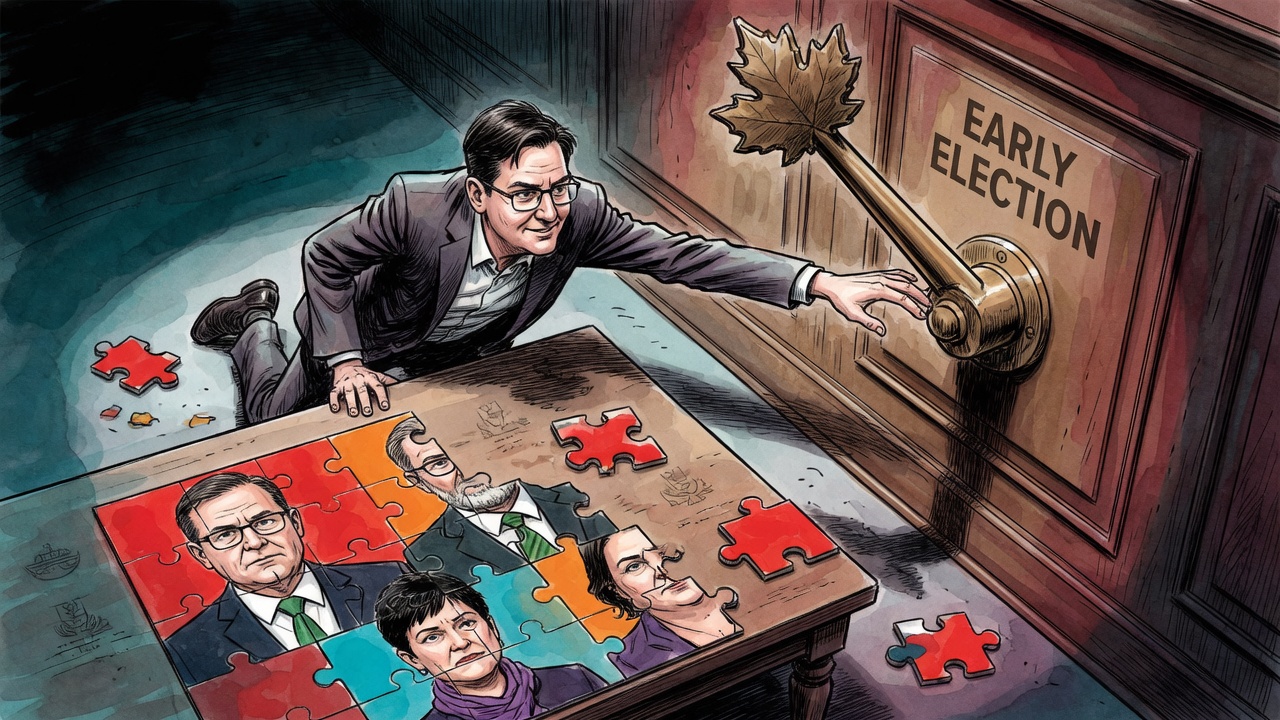 Editorial cartoon of a premier reaching for an early-election lever while a divided opposition puzzle breaks apart