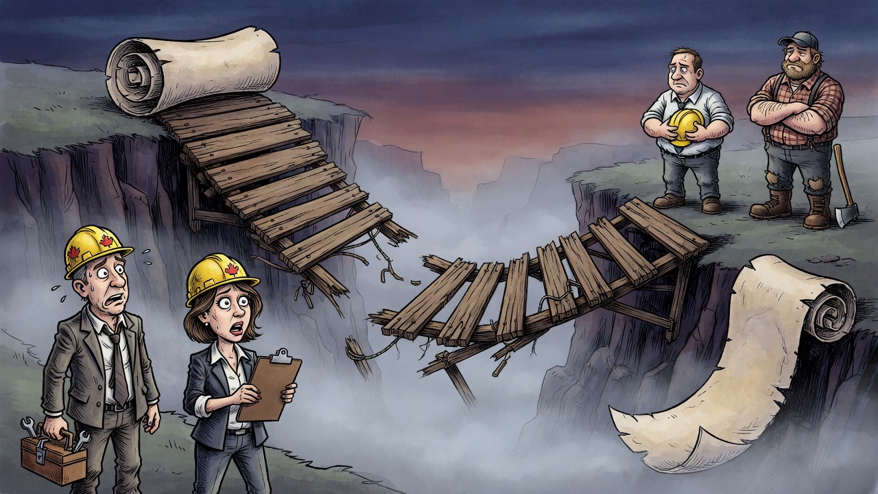 Editorial cartoon of provincial politicians stalled beside a broken bridge while municipal and resource-sector figures wait across a canyon