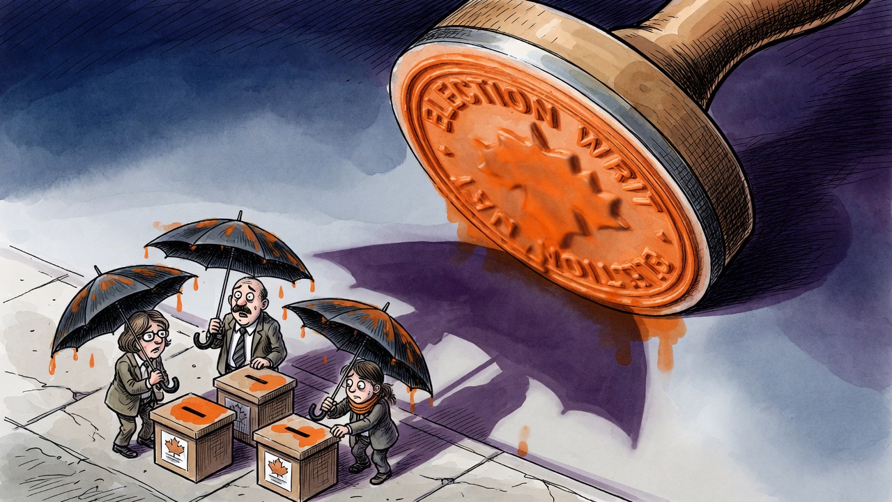 Editorial cartoon of a giant election stamp looming over local ballot boxes as municipal figures shield them