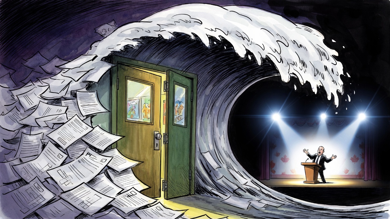 Editorial cartoon of a classroom door nearly blocked by an avalanche of blank incident papers while a distant government podium sits under stage lights