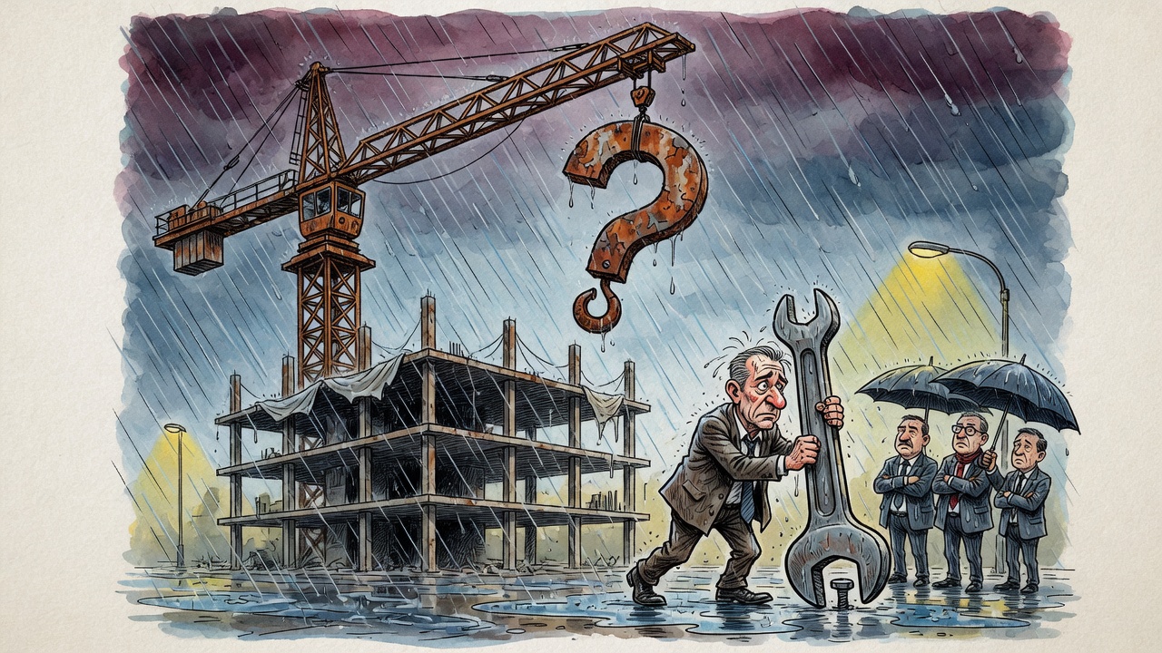 Editorial cartoon of a worried provincial leader trying to restart a stalled housing crane over unfinished apartment framing