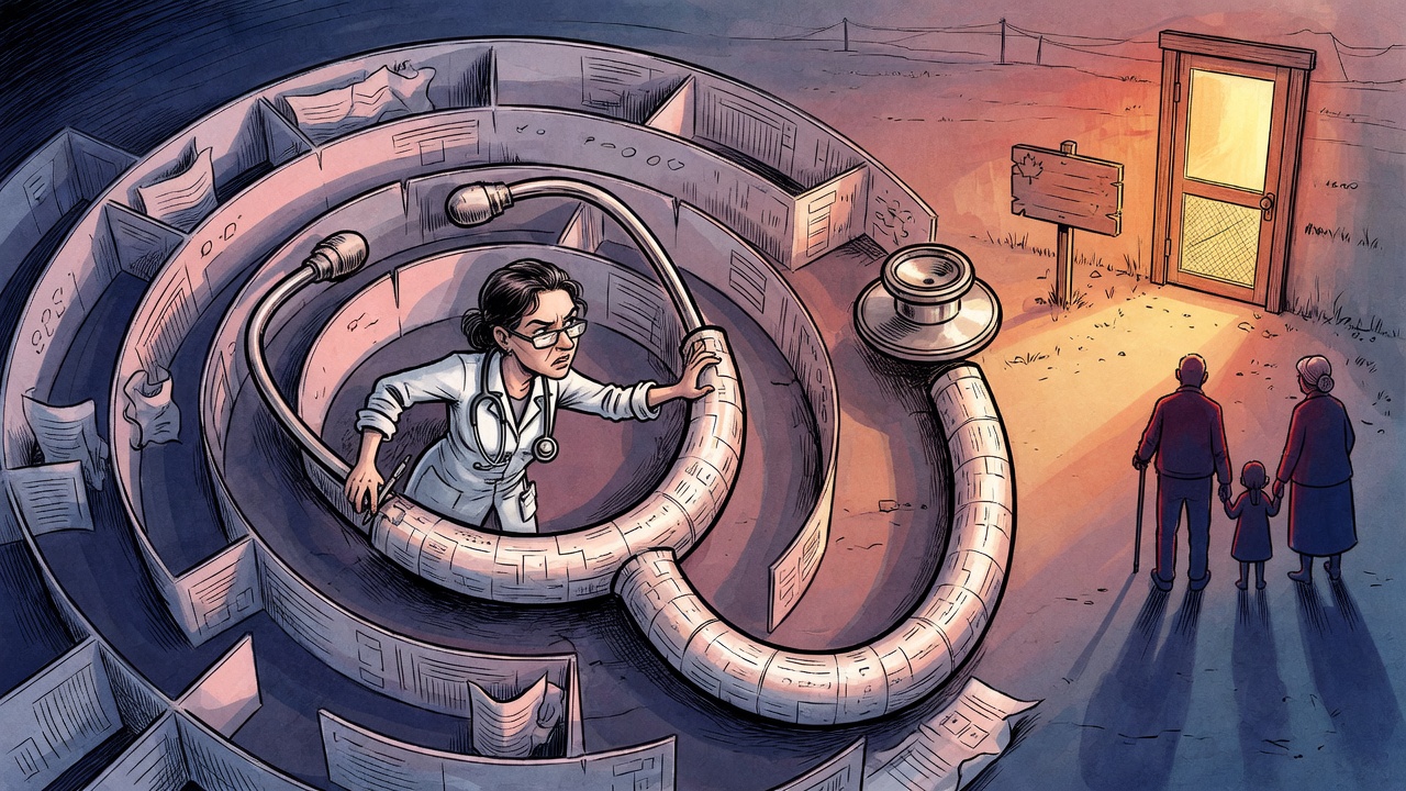 Editorial cartoon of a doctor caught in a bureaucratic paper maze while an empty rural clinic waits in the distance