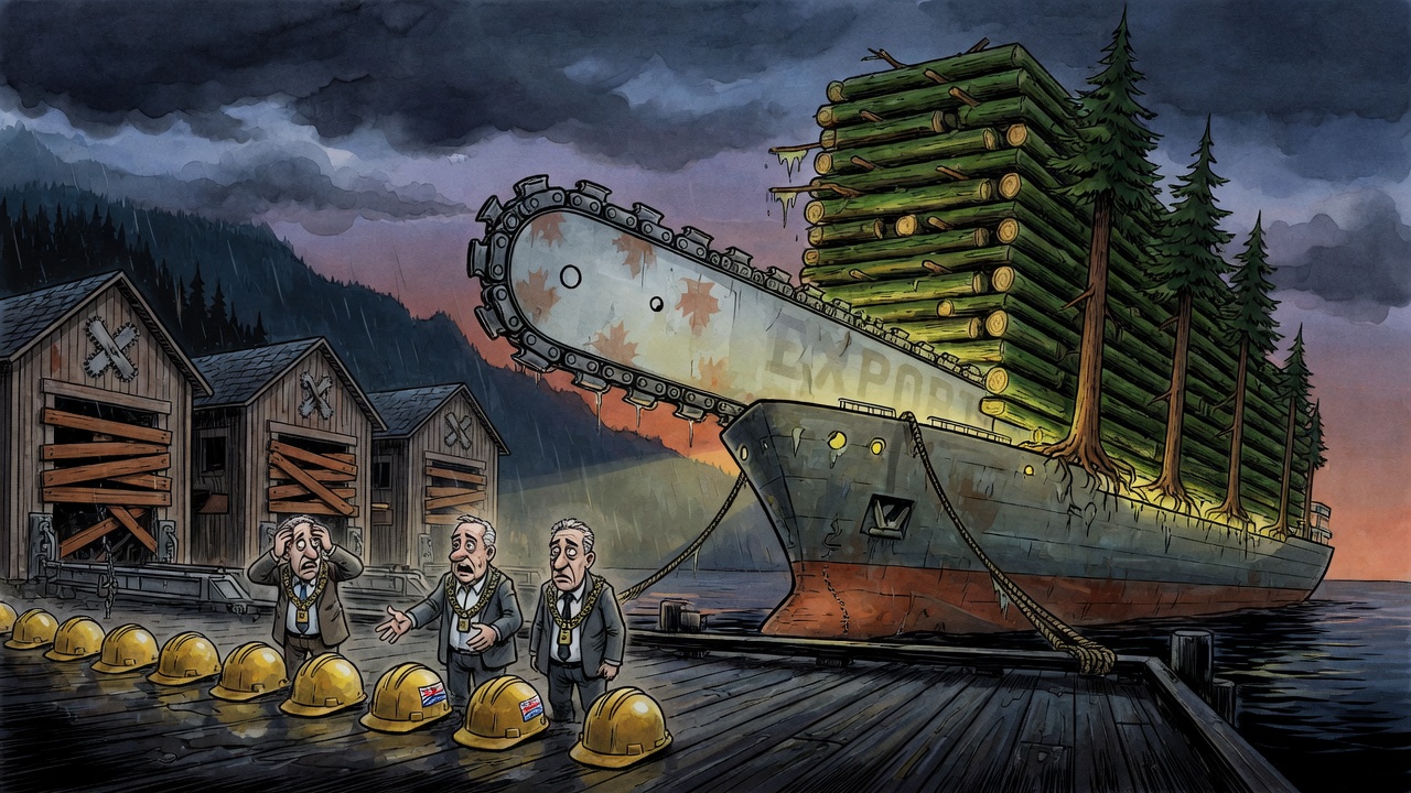 Editorial cartoon of an overloaded log ship pulling B.C. timber away from a dock where shuttered mills, empty hard hats and local officials stand