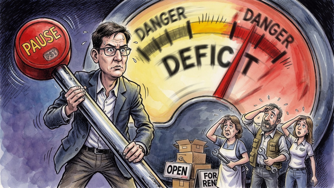 Editorial cartoon of David Eby pulling a giant PST pause lever while a deficit meter spins behind worried small business owners