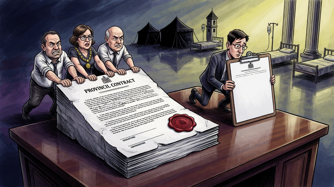 Editorial cartoon of B.C. mayors pushing a heavy public-safety contract toward David Eby as he hides behind a government clipboard