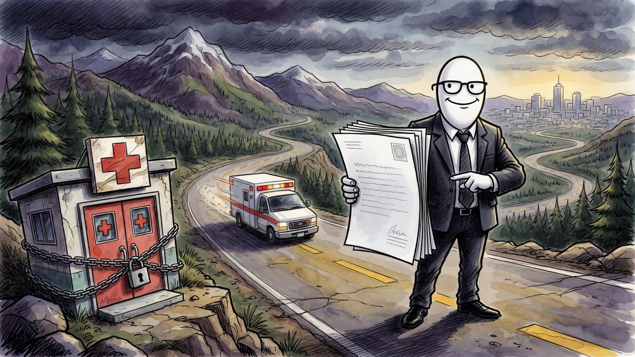 Editorial cartoon of a rural hospital emergency door chained shut while an ambulance drives toward a distant city