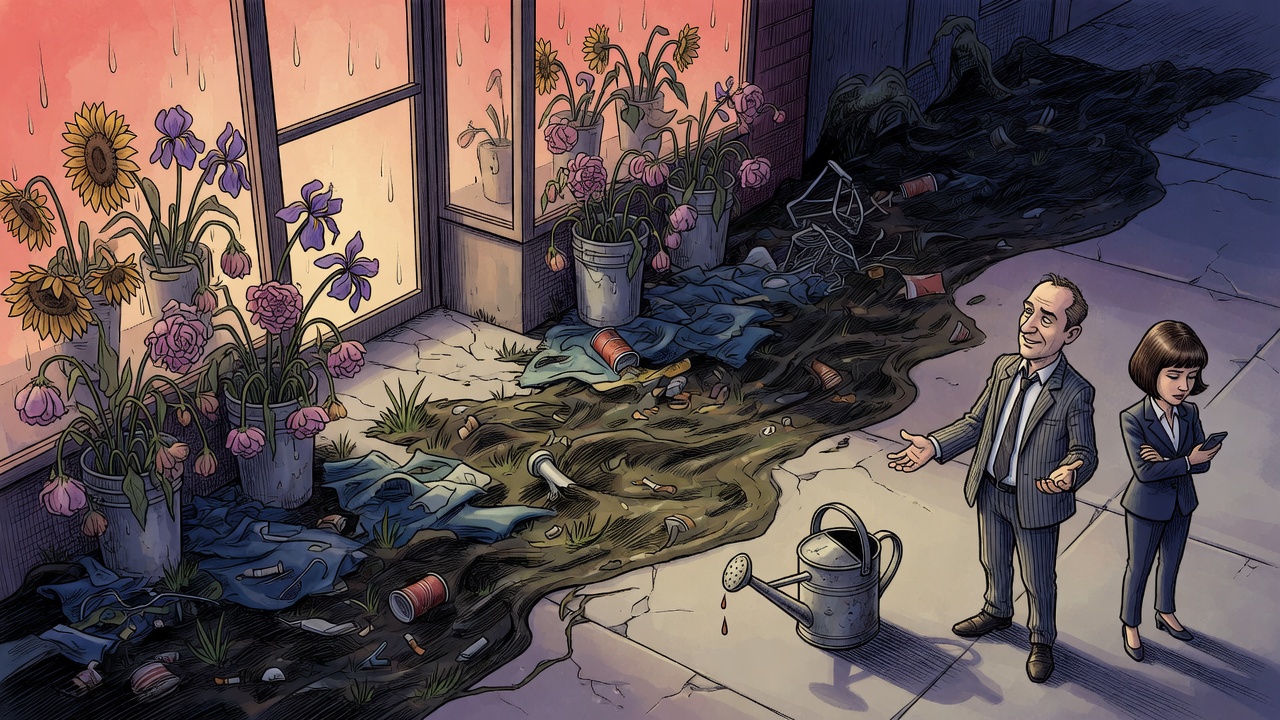 Editorial cartoon of a downtown flower shop wilting behind a dark wave of unmanaged street disorder while government figures hold an empty watering can