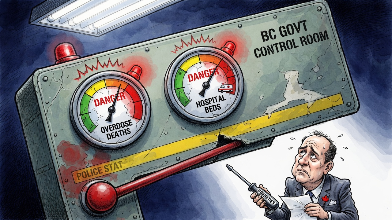 Editorial cartoon of a B.C. government control panel where a police-stat lever moves while overdose death and hospital bed gauges stay in danger