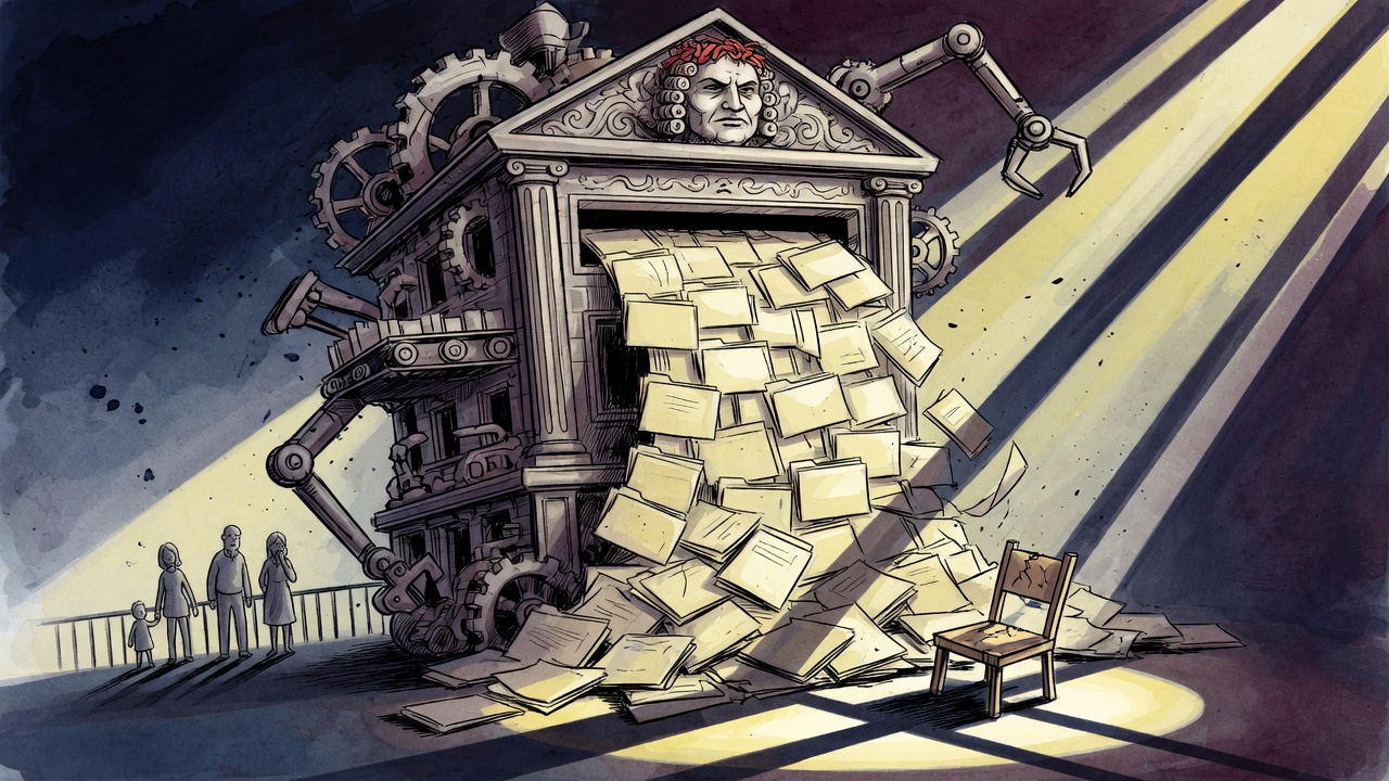 Editorial cartoon of a bureaucracy dropping reform reports onto an empty accountability chair