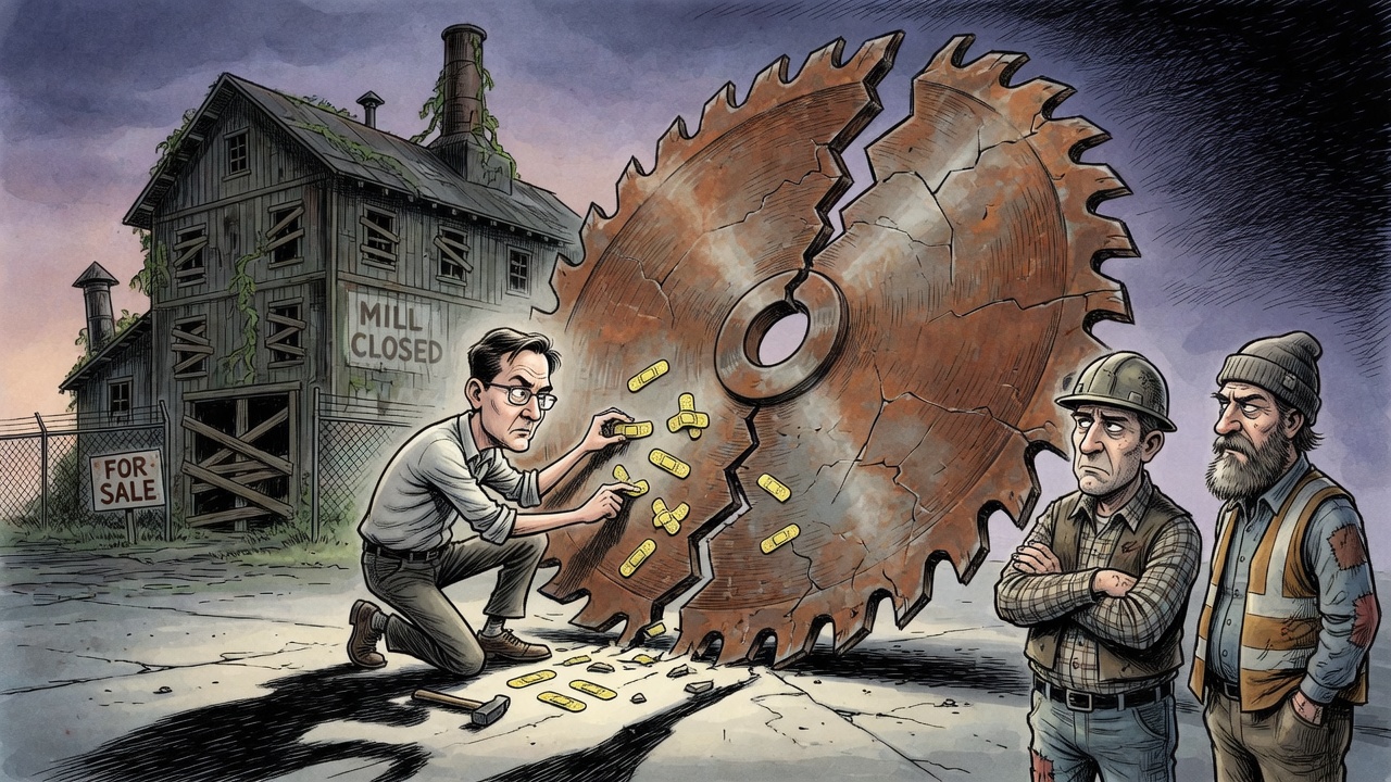 Editorial cartoon of David Eby trying to patch a cracked saw blade with cheque-shaped bandages outside a closed mill