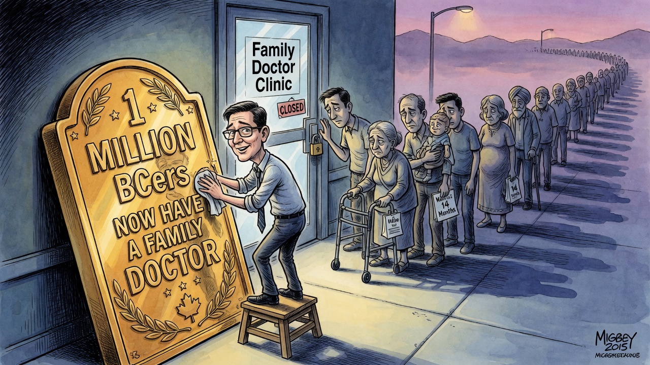 Editorial cartoon of a politician polishing a giant milestone plaque while patients wait outside a locked family doctor clinic