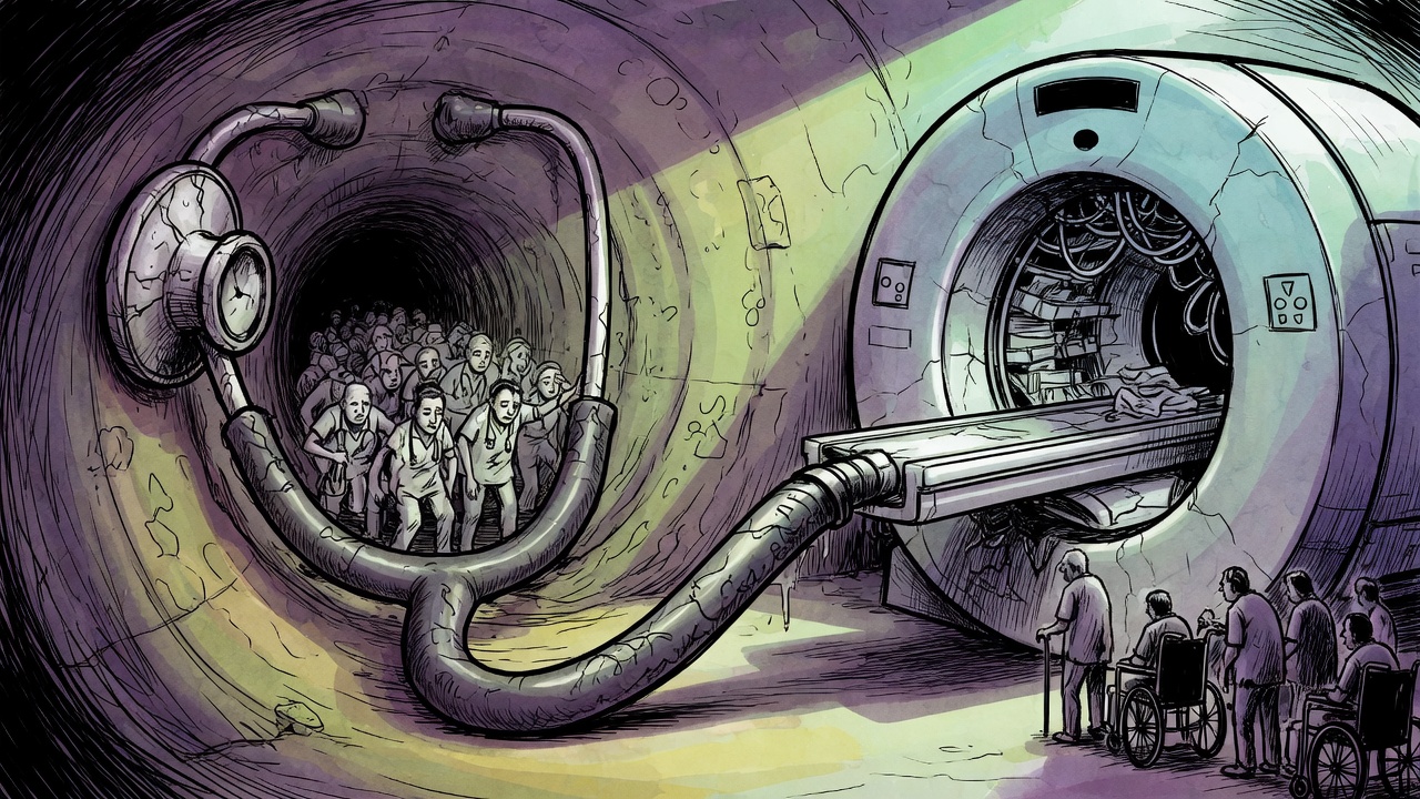 Editorial cartoon of an overworked hospital diagnostic bottleneck straining under Surrey emergency-care demand
