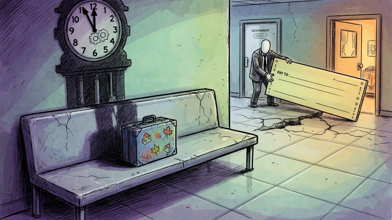 Editorial cartoon of a suitcase on a hospital bench while a delayed government cheque bridges a gap toward family housing