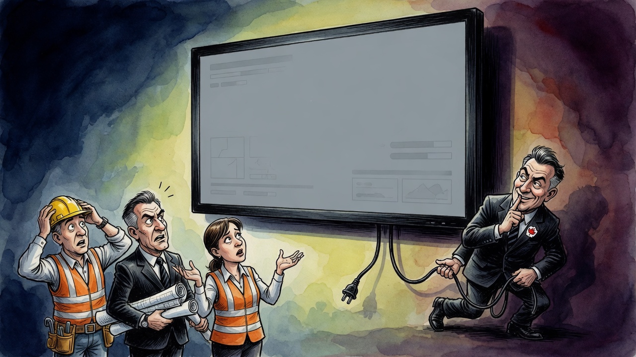 Editorial cartoon of workers and investors staring at a dark public projects screen while a politician hides the unplugged power cord
