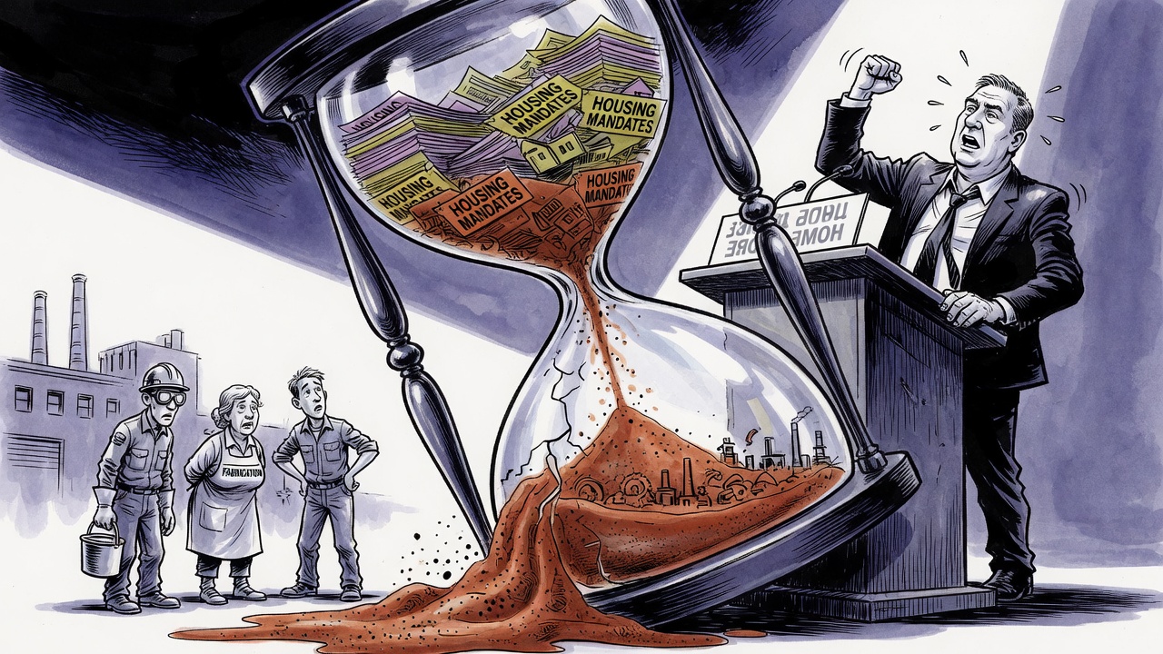 Editorial cartoon of a shrinking industrial land hourglass squeezed between housing paperwork and a jobs podium while workers look on