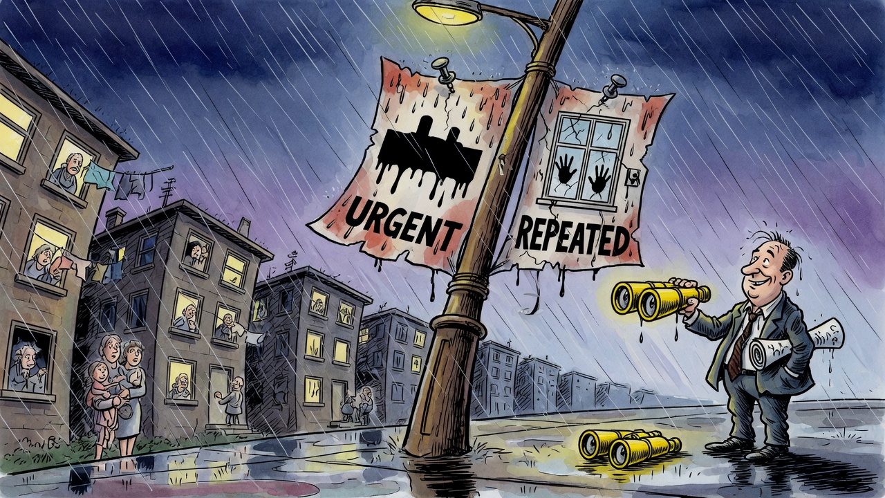 Editorial cartoon of a rainy Surrey street with warning notices on a lamppost while a distant official offers binoculars instead of a plan