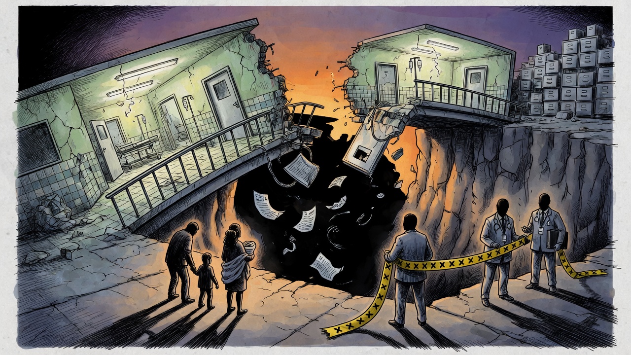 Editorial cartoon of a fragile hospital bridge over a diagnosis-to-treatment chasm while a family silhouette waits and officials hold a ribbon at the far side