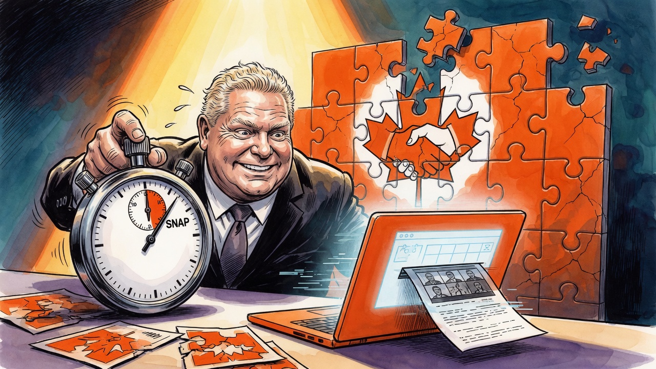 Editorial cartoon of a premier watching a snap-election stopwatch while broken political puzzle pieces lock back together behind him