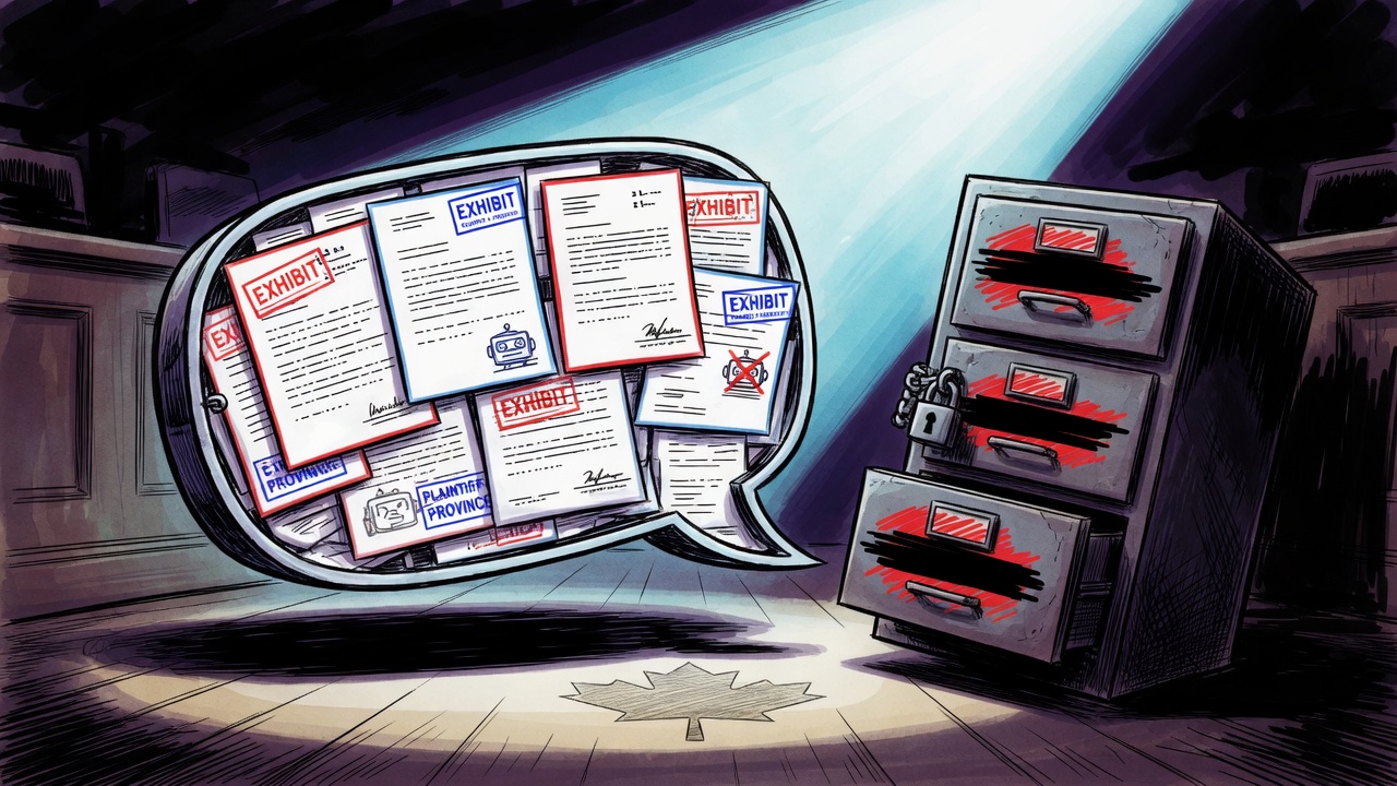 Editorial cartoon showing a courtroom spotlight on an AI lawsuit file beside a locked provincial filing cabinet in shadow