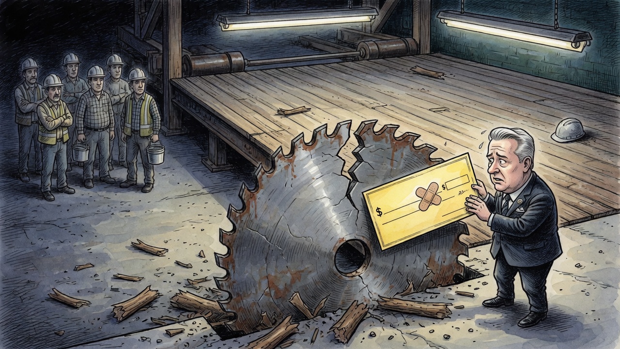 Editorial cartoon of a premier trying to cover a broken sawmill saw blade with a cheque-shaped bandage while workers stand near an empty log deck